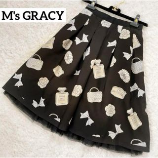 エムズグレイシー(M'S GRACY)のM's GRACYエムズグレイシー　カメリア香水　花　バッグ　チュール　スカート(ひざ丈スカート)