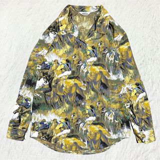 ヴィンテージ(VINTAGE)のレトロ古着★絵画 馬柄シャツ 長袖ブラウス ポリシャツ 開襟(シャツ/ブラウス(長袖/七分))