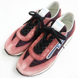 プラダ(PRADA)の美品●PRADA プラダ 2EG276 スウェードレザー×ナイロン ラバーロゴパッチ付き ローカットスニーカー ボルドー×ホワイト 7 1/2 イタリア製(スニーカー)