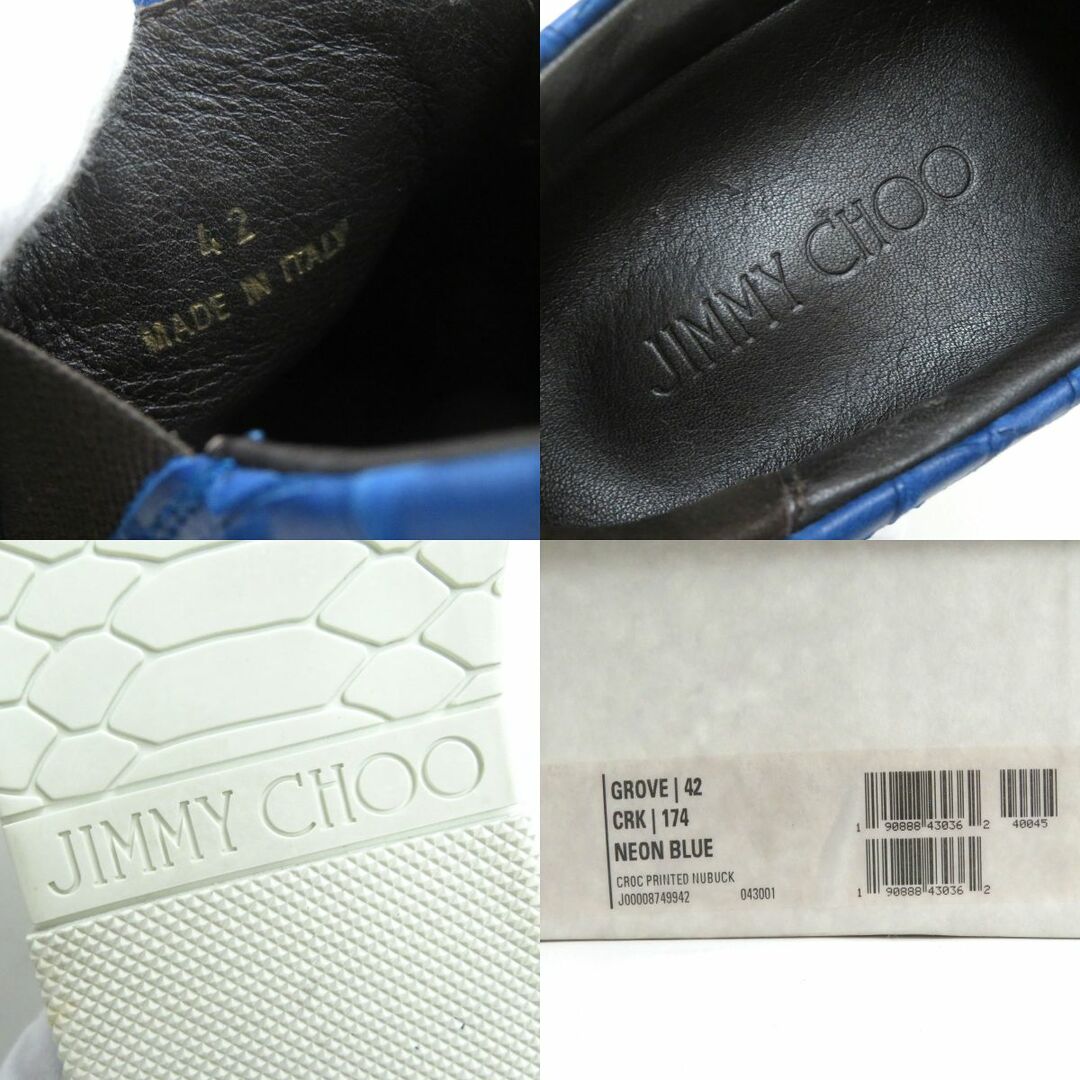 JIMMY CHOO(ジミーチュウ)の美品△JIMMY CHOO ジミーチュウ GROVE クロコダイル型押し ヌバックレザー スリッポン/ローカットスニーカー 42  ネオンブルー 伊製 箱付き メンズの靴/シューズ(スニーカー)の商品写真