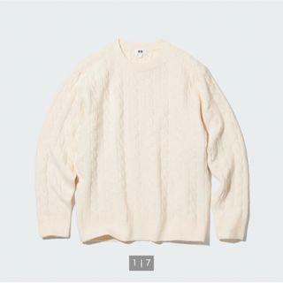 ユニクロ(UNIQLO)のスフレヤーンケーブルクルーネックセーター　白　ホワイト(ニット/セーター)