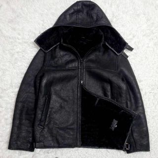 TETE HOMME - 美品 L テットオム 羊革 ムートン ジャケット 黒 フード ボア ライダース