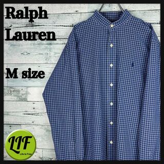ラルフローレン(Ralph Lauren)のラルフローレン 刺繍ロゴ 長袖 ノーカラーシャツ チェック柄 青白 M(シャツ)