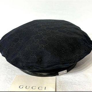 グッチ(Gucci)のGUCCI グッチ GG柄　ベレー帽　ロゴプレート　レザー　ブラック　帽子　XL(ハット)