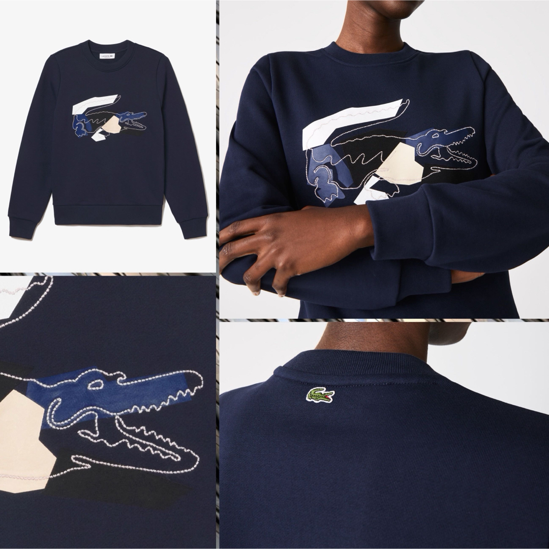 LACOSTE(ラコステ)のLACOSTE 22SS ステッチ＆プリント クロック スウェット　ネイビー　M レディースのトップス(トレーナー/スウェット)の商品写真