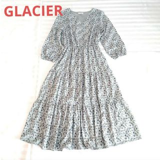 グラシア(GLACIER)のグラシア Vネック ロングワンピース Ｌ 花柄 ゴム(ロングワンピース/マキシワンピース)