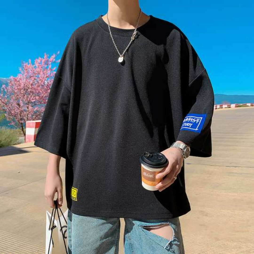 黒 XL メンズ オシャレ オーバーサイズ Tシャツ 半袖 韓国 ストリート 春 メンズのトップス(Tシャツ/カットソー(半袖/袖なし))の商品写真