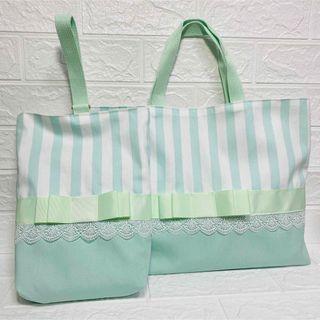 入園入学セット　ミントグリーン　レッスンバッグ　上履き入れ　ハンドメイド(バッグ/レッスンバッグ)