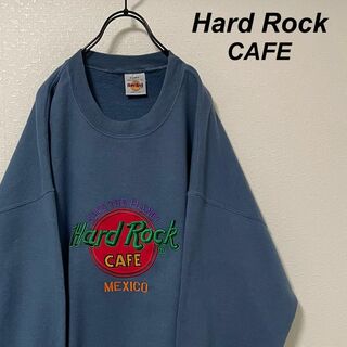 【USA製】 ハードロックカフェ スウェット くすみブルー デカロゴ 刺繍(スウェット)