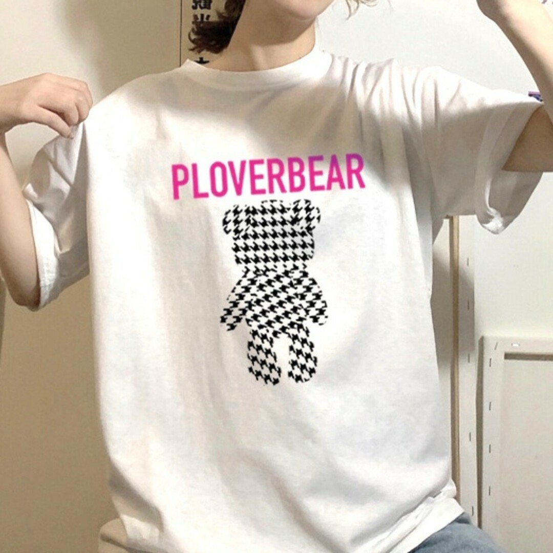 Tシャツ　ホワイト くま　 ビックシルエット レディース 千鳥柄 XL 半袖 レディースのトップス(Tシャツ(半袖/袖なし))の商品写真