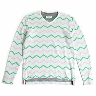 トムブラウン(THOM BROWNE)の【ドンドン見直し】極美品□トムブラウン シェブロンストライプ トリコロール Vネック ロングスリーブカットソー マルチカラー 3 日本製(Tシャツ/カットソー(七分/長袖))