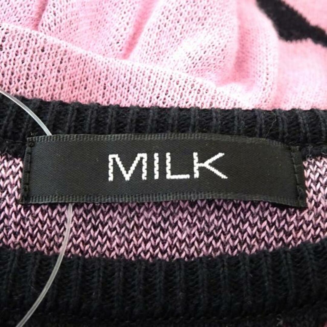 MILK(ミルク)のMILK(ミルク) ワンピース レディース美品  - ピンク×黒 クルーネック/半袖/ひざ丈/ニット/リボン柄 レディースのワンピース(その他)の商品写真