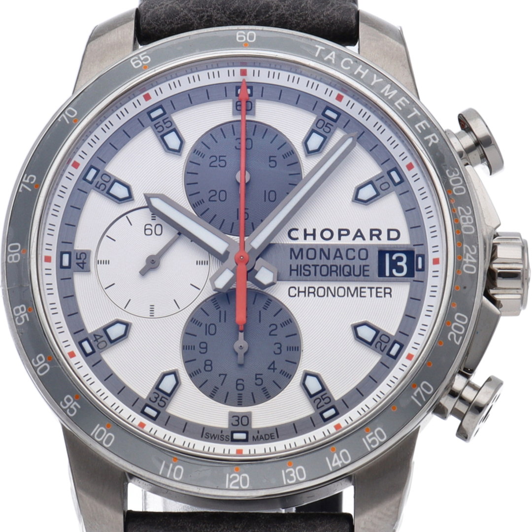 Chopard(ショパール)のショパール グランプリ モナコ ヒストリック クロノグラフ 44.5mm 世界500本限定 Grand Prix De Monaco Historique Chronograph 168570-3002 箱 保証書 バンド SS/チタン/レザー メンズ時計 シルバー 美品 【未使用】 メンズの時計(その他)の商品写真