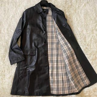 バーバリーブラックレーベル(BURBERRY BLACK LABEL)の美品✨バーバリーブラックレーベル　ラムレザー　ロングコート　ノバチェック　黒　L(ステンカラーコート)