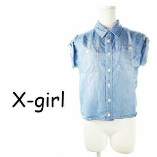 エックスガール(X-girl)のXガール 刺繍ロールアップシャンブレーシャツ 0 青 230530CK16A(シャツ/ブラウス(半袖/袖なし))