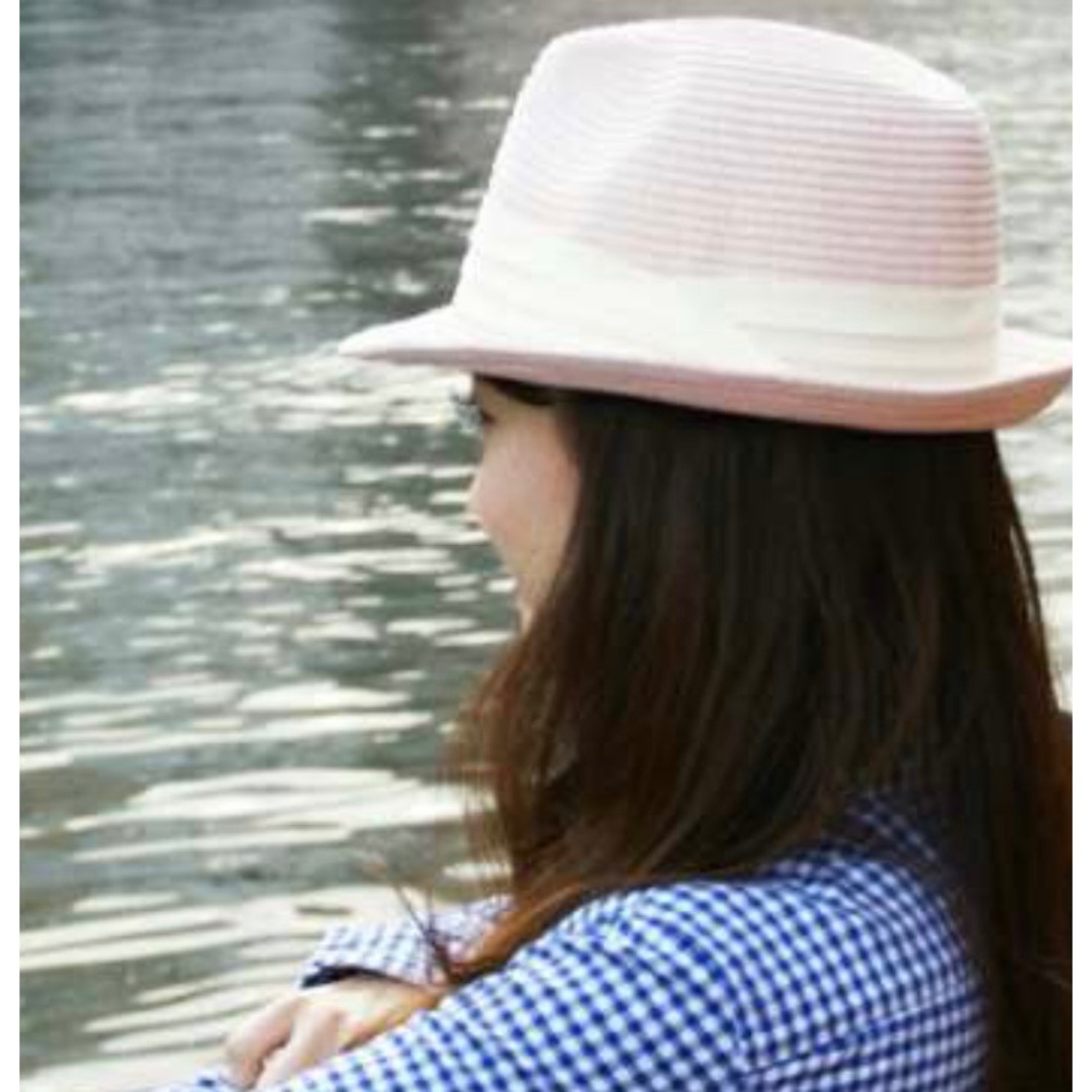 中折れハット　ストローハット　麦わら帽子　大きいサイズ　ピンク レディースの帽子(麦わら帽子/ストローハット)の商品写真