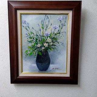 肉質油絵　立て　F6 花と花瓶　青木今陽　額装仕上げ品(絵画/タペストリー)