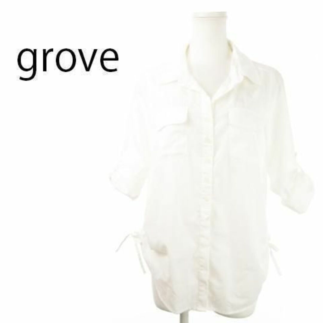 grove(グローブ)のグローブ オープンカラーシャツ 七分袖 ロールアップ 白 230630AH2A レディースのトップス(シャツ/ブラウス(長袖/七分))の商品写真
