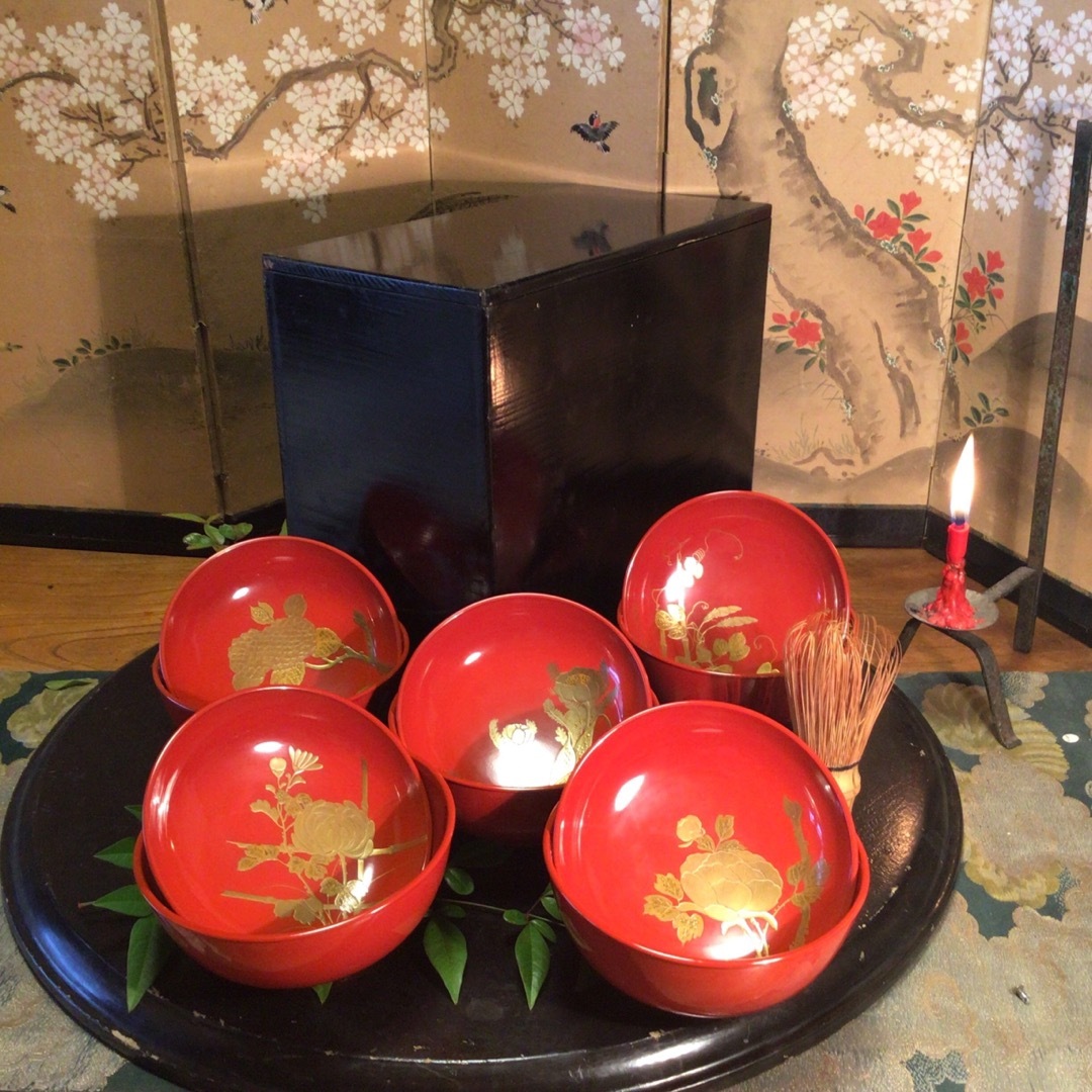 能登輪島 蒔絵 八重門漆器店 豪華な花・蝶の図 吸物椀 五客 検 能登輪島 蒔絵 八重門漆器店 豪華な花・蝶の図 吸物椀 五客 検