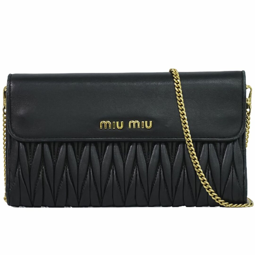 本物 ミュウミュウ MIU MIU マテラッセ チェーン ショルダーウォレット 長財布 ポシェット レザー ブラック Matelasse 財布  ウォレット 中古 | フリマアプリ ラクマ