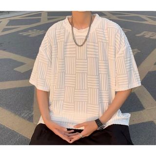 総柄 半袖 Tシャツ トップス 韓国 メンズ モード キレイめ　ホワイト(Tシャツ(半袖/袖なし))