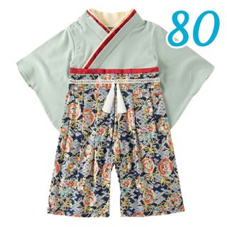 袴ロンパース　くすみグリーン　鶴　男の子　袴　フォーマル　80(和服/着物)