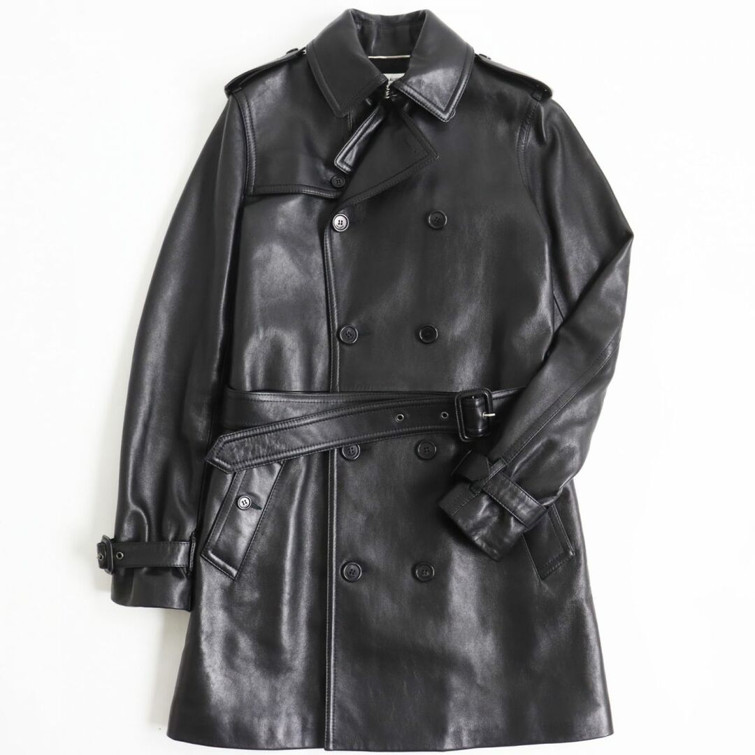 極美品●2019年製 SAINT LAURENT PARIS/サンローランパリ 576665 ロゴボタン ラムスキン レザートレンチコート ブラック 46 伊製 正規品 q03-st30210-3842