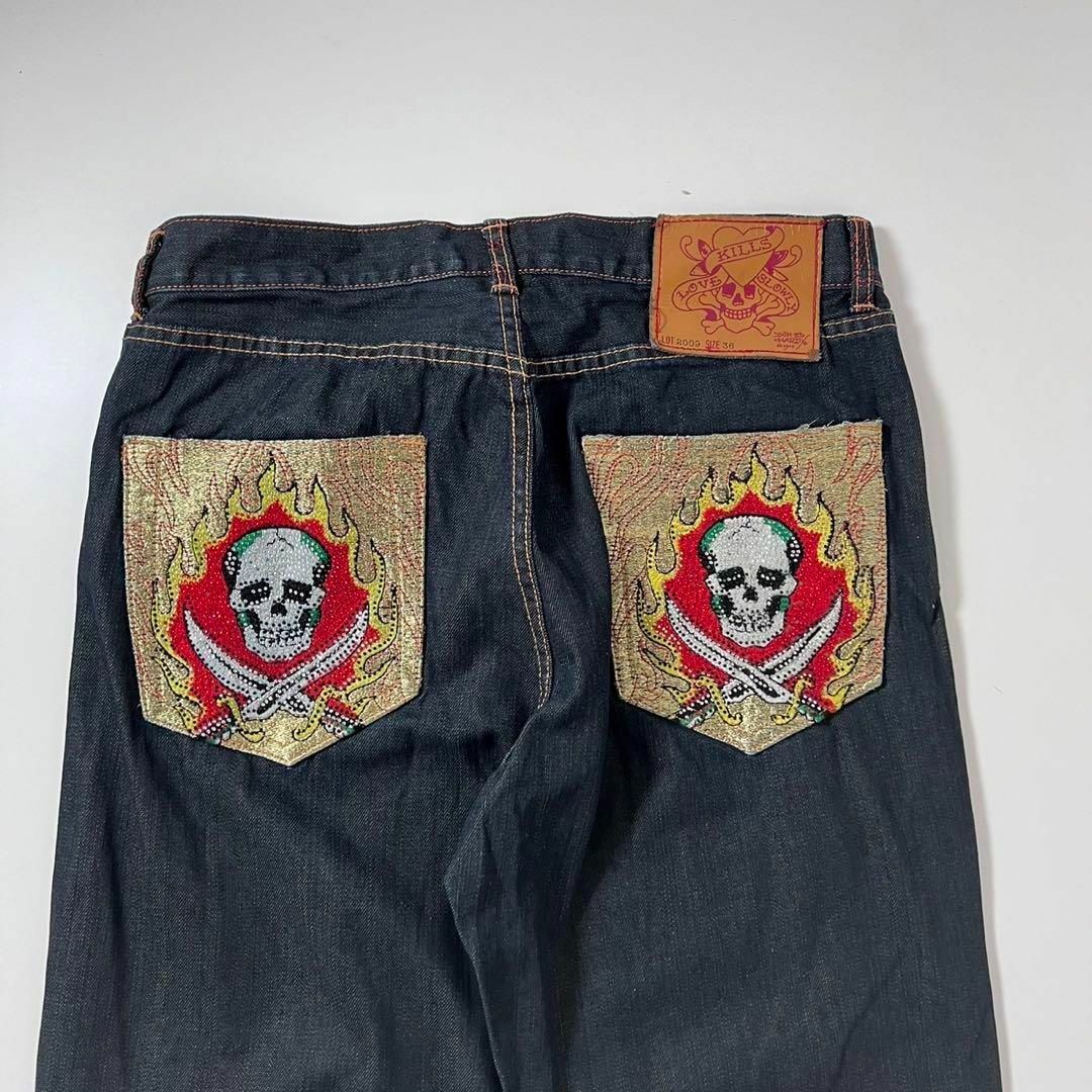 Ed Hardy(エドハーディー)の美品 エドハーディー スカル ポケット ラメ 刺繍 濃紺 36 デニム ジーンズ メンズのパンツ(デニム/ジーンズ)の商品写真