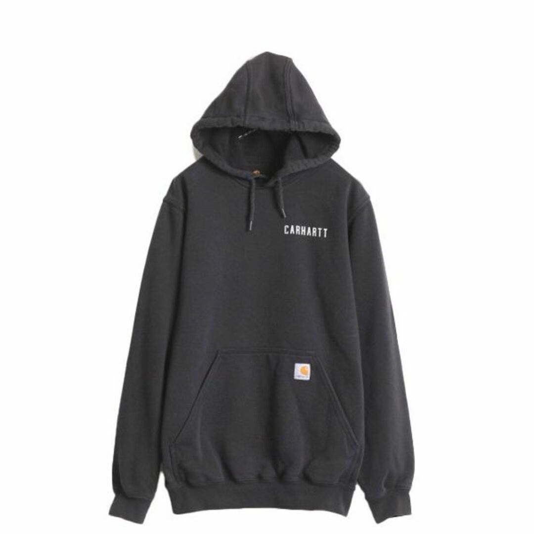 カーハート プリント スウェット フード パーカー メンズ S / 古着 CARHARTT トレーナー プルオーバー 裏起毛 スエット ワンポイント 黒 メンズのトップス(パーカー)の商品写真