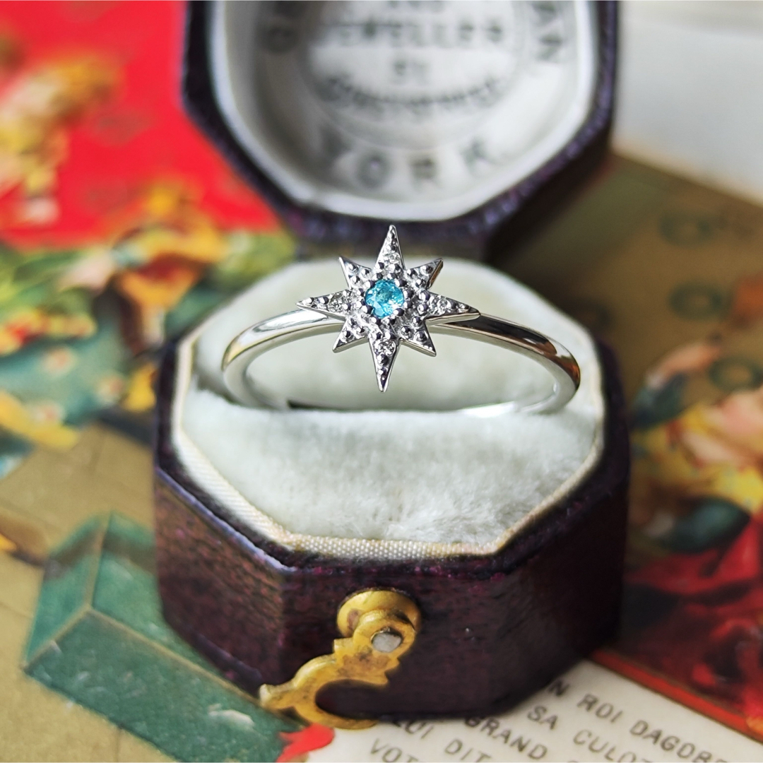 【星のモチーフ】天然パライバトルマリン 天然ダイヤモンド プラチナ レディースのアクセサリー(リング(指輪))の商品写真