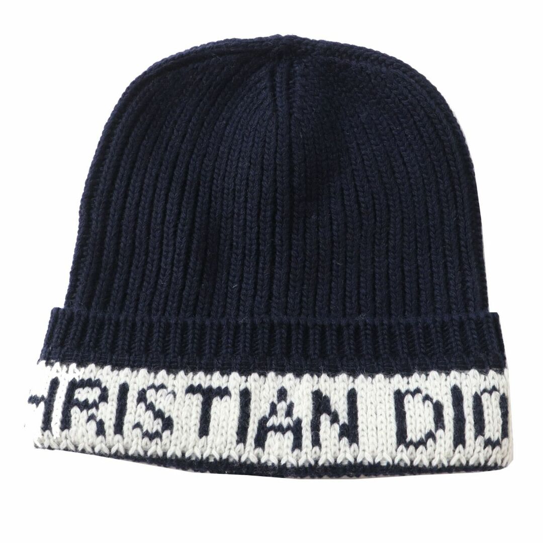 Christian Dior(クリスチャンディオール)の美品◎正規品 伊製 ChristianDior クリスチャンディオール 31NOE714IXGH ロゴ ウール×カシミヤ ニット帽／帽子 ネイビー×白 U レディース レディースの帽子(ニット帽/ビーニー)の商品写真