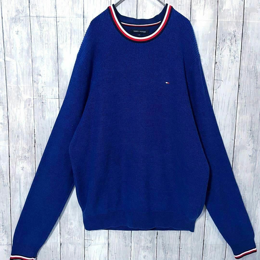 TOMMY HILFIGER(トミーヒルフィガー)のUS古着　トミーヒルフィガー刺繍ロゴリブライン入りコットンニットセーター L青 その他のその他(その他)の商品写真