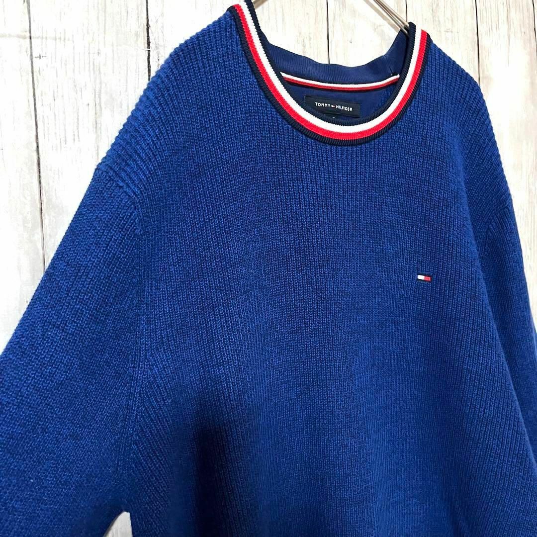 TOMMY HILFIGER(トミーヒルフィガー)のUS古着　トミーヒルフィガー刺繍ロゴリブライン入りコットンニットセーター L青 その他のその他(その他)の商品写真