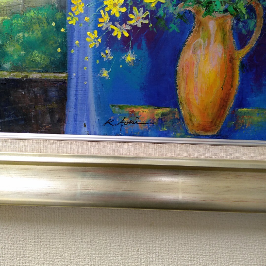 肉質油絵　横　F6 花と花瓶　青木今陽　額装仕上げ品 エンタメ/ホビーの美術品/アンティーク(絵画/タペストリー)の商品写真