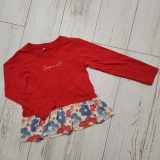 キッズ 長袖 切り替え ロンT 110 女の子 レッド 花(Tシャツ/カットソー)