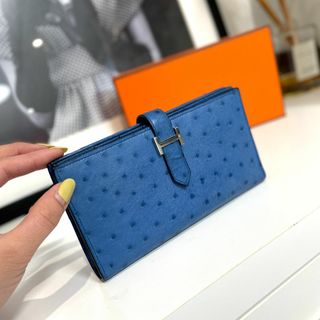 エルメス(Hermes)の美品 エルメス ベアンスフレ オーストリッチ ブルー D刻印(財布)