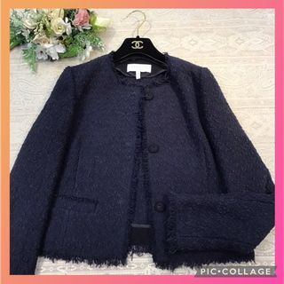 エスカーダ(ESCADA)のESCADA  エスカーダ　ツイード　ジャケット　ネイビー　34(ノーカラージャケット)