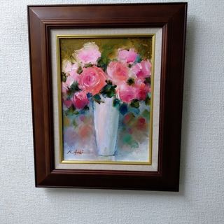 肉質油絵　立て　F4 花と花瓶　額装仕上げ品(絵画/タペストリー)