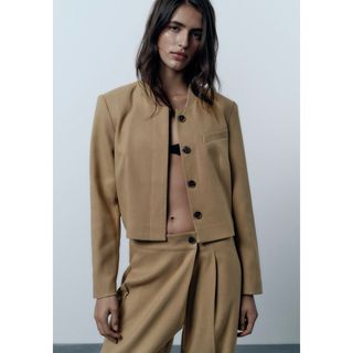 ザラ(ZARA)のZARA クロップドジャケットリブネック ブラウンL 新品未使用タグ付き(ブルゾン)