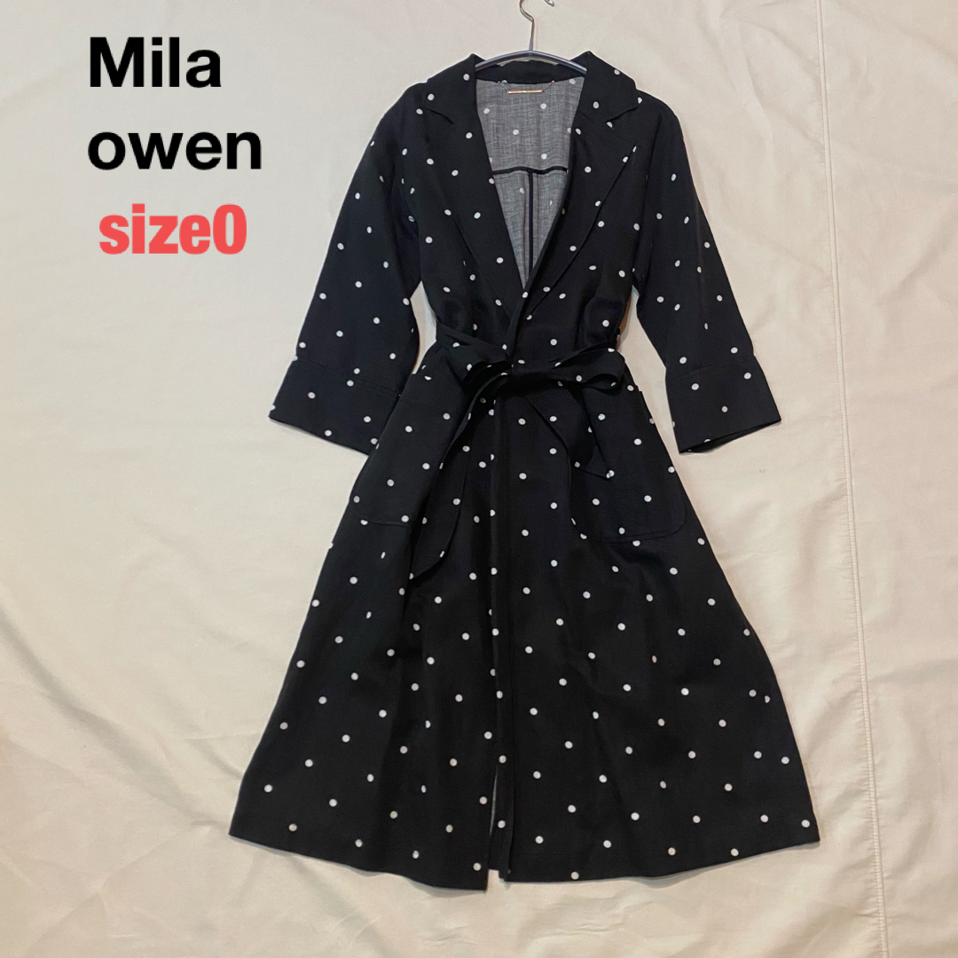 Mila Owen(ミラオーウェン)のMila owen ベルト付き リネンチェスターコート ドット柄 ブラック 麻 レディースのジャケット/アウター(チェスターコート)の商品写真