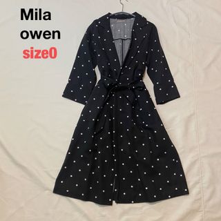 ミラオーウェン(Mila Owen)のMila owen ベルト付き リネンチェスターコート ドット柄 ブラック 麻(チェスターコート)