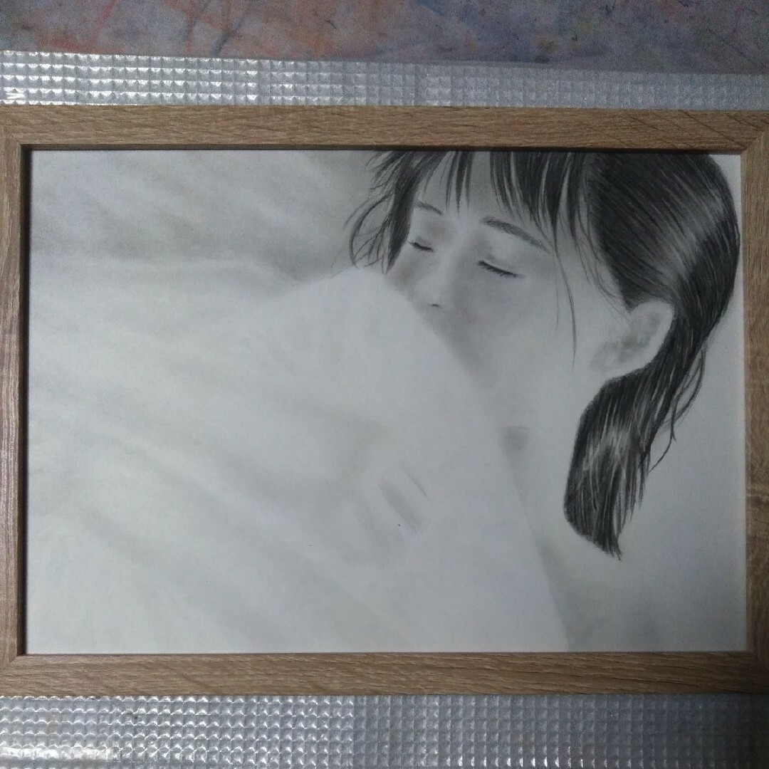 【匿名配送】鉛筆画　「少女の寝顔」 A4サイズ額つき