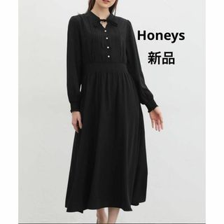 ハニーズ(HONEYS)の新品 春ドレス 高みえフェミニン オフィス デート 花柄ボウタイワンピース 長袖(ロングワンピース/マキシワンピース)