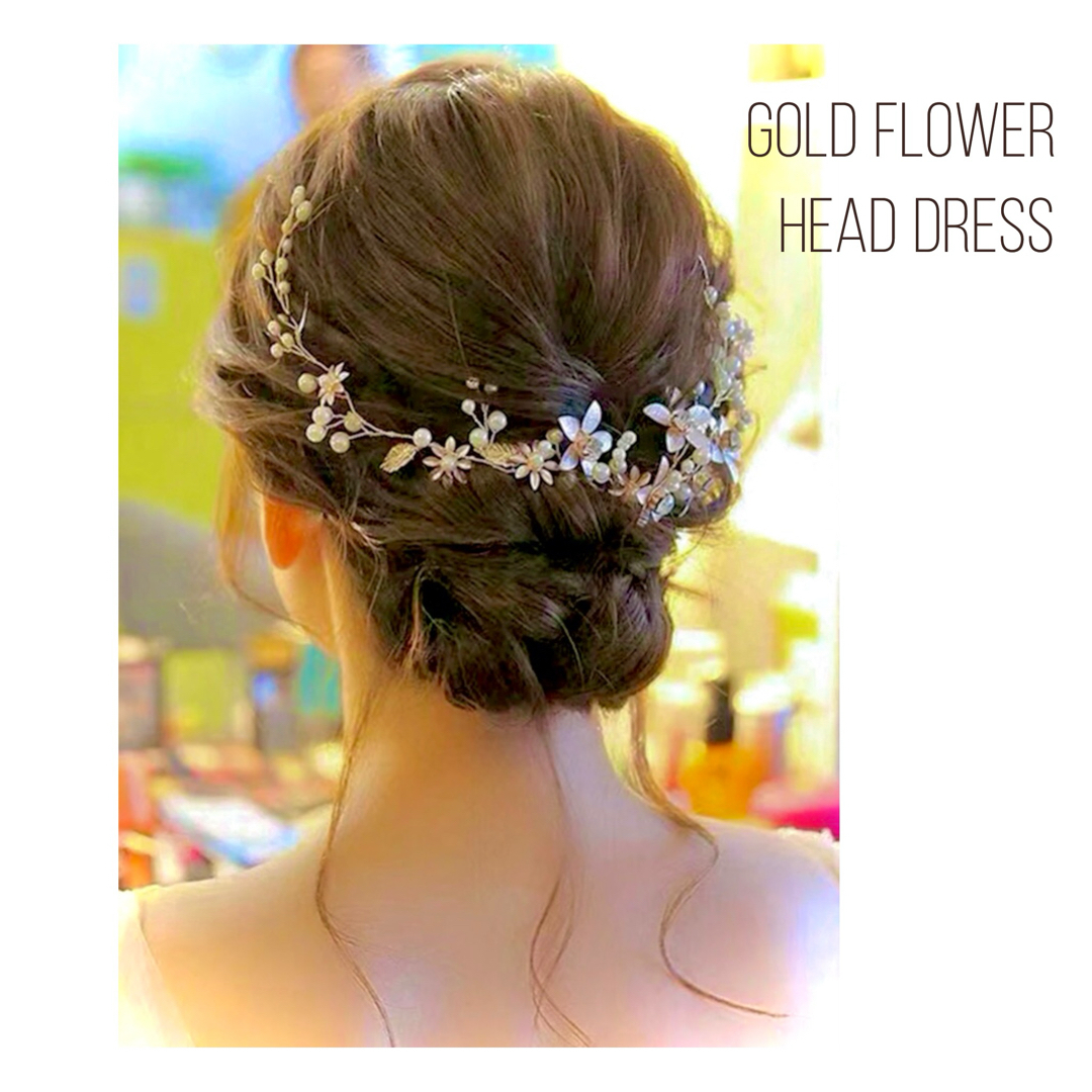 ゴールド フラワー ヘッドドレス 卒業式 ブライダル ハンドメイドのウェディング(ヘッドドレス/ドレス)の商品写真