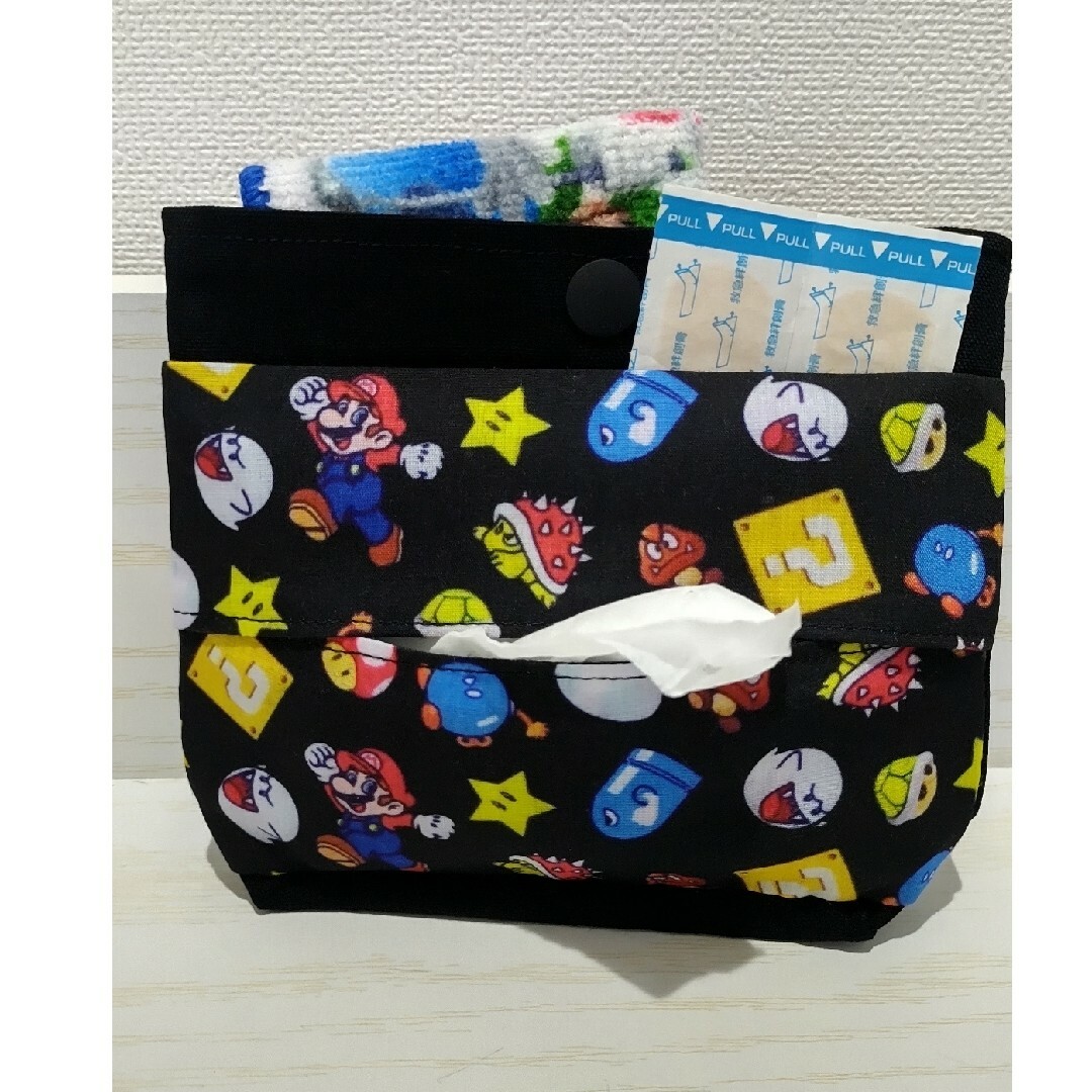 移動ポケット　蓋なし　マリオ　黒 ハンドメイドのキッズ/ベビー(外出用品)の商品写真