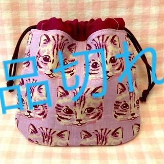 ねこフェイス柄☆ハンドメイド☆巾着☆USAピンク(その他)