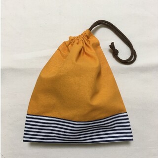 コップ袋　巾着袋　オレンジ×ボーダー(紐ブラウン)(外出用品)