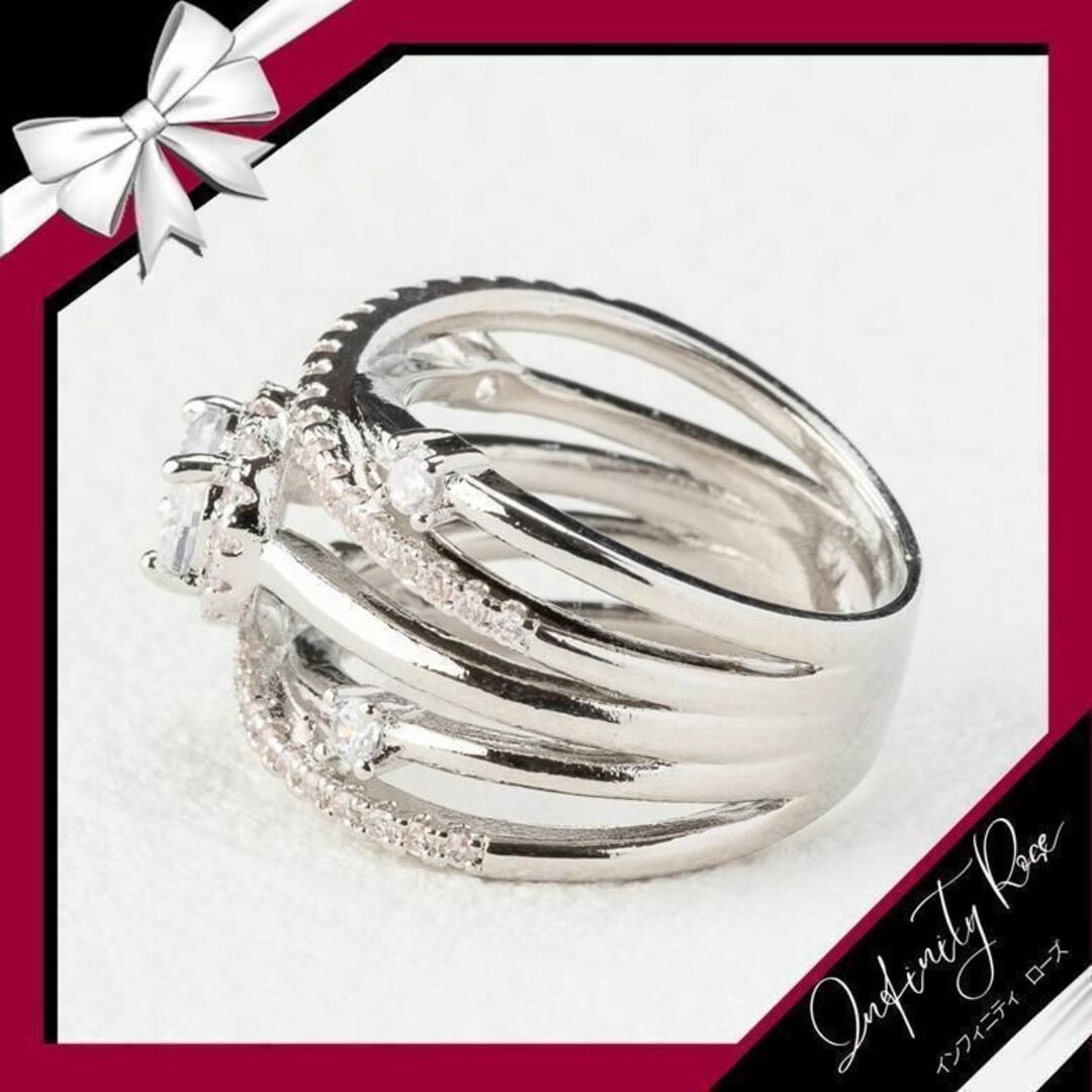 （R061）14号　シルバー煌めく５連クリスタルワイドリング　高価爪留め指輪 レディースのアクセサリー(リング(指輪))の商品写真