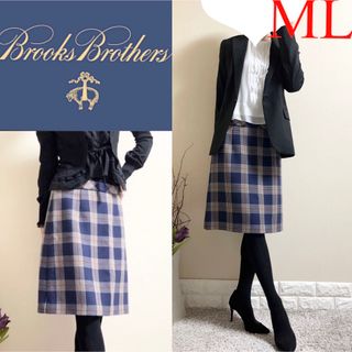 ブルックスブラザース(Brooks Brothers)のブルックスブラザーズ　イタリア生地　チェック　台形　ウール　スカート　紺　ML(ひざ丈スカート)