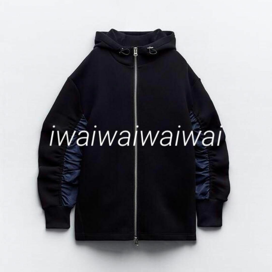 ZARA(ザラ)の新品 ZARA S ナイロン コンビ スウェット ロング フーディー パーカー レディースのトップス(パーカー)の商品写真